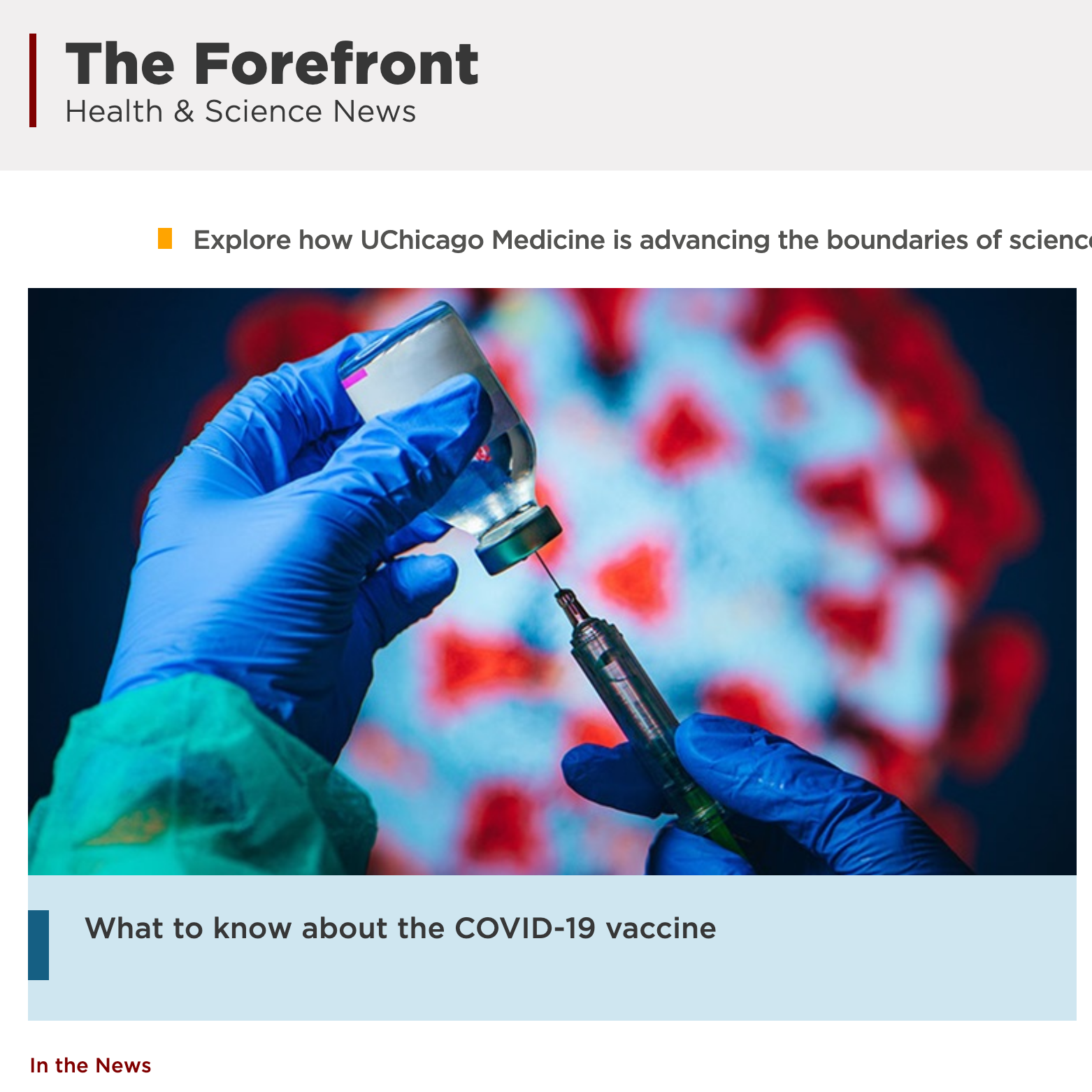 A screenshot of the University of Chicago Medicine Forefront homepage.