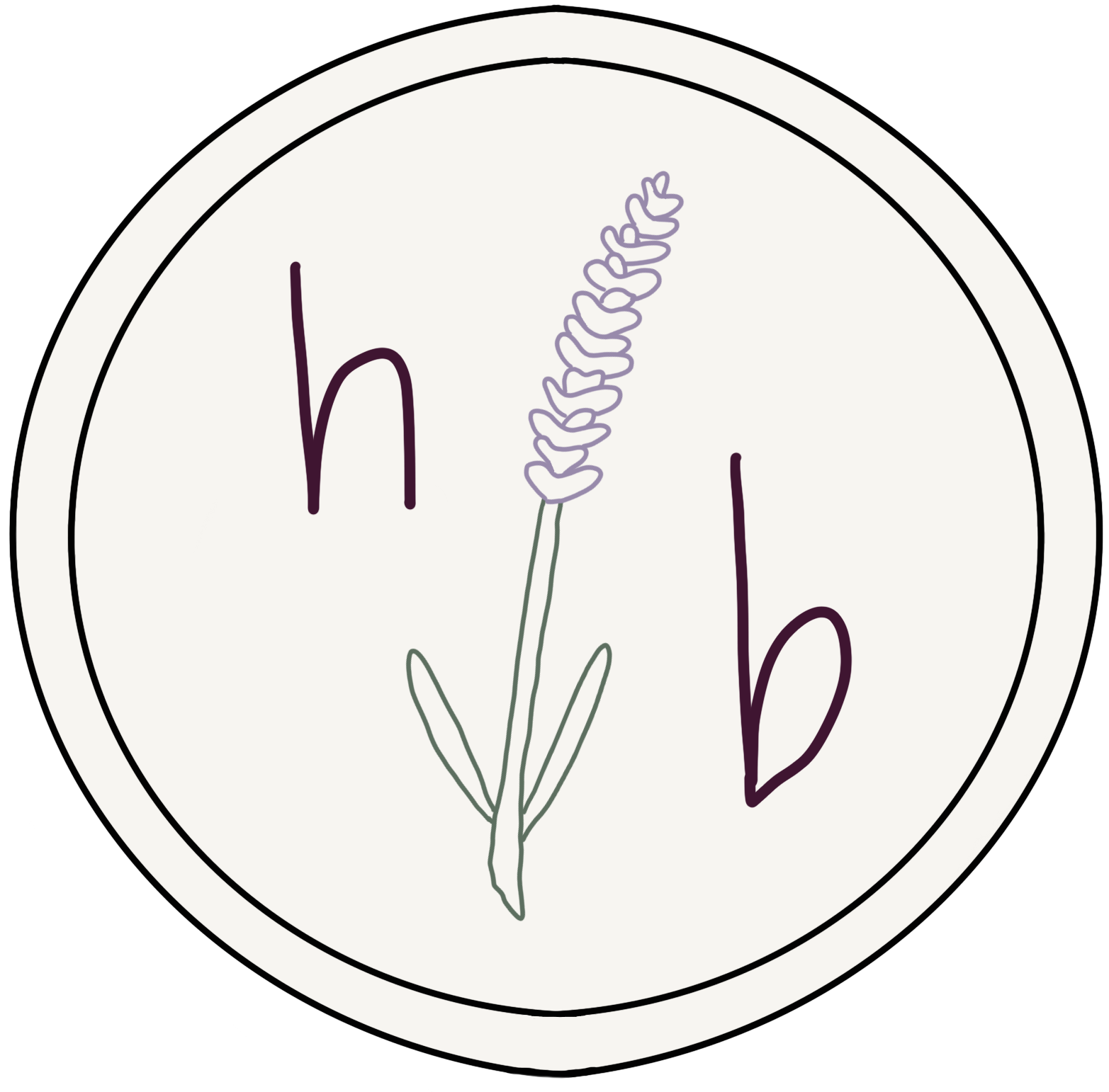 Circle with hand drawn lavender sprig inside, with the letters H and B
