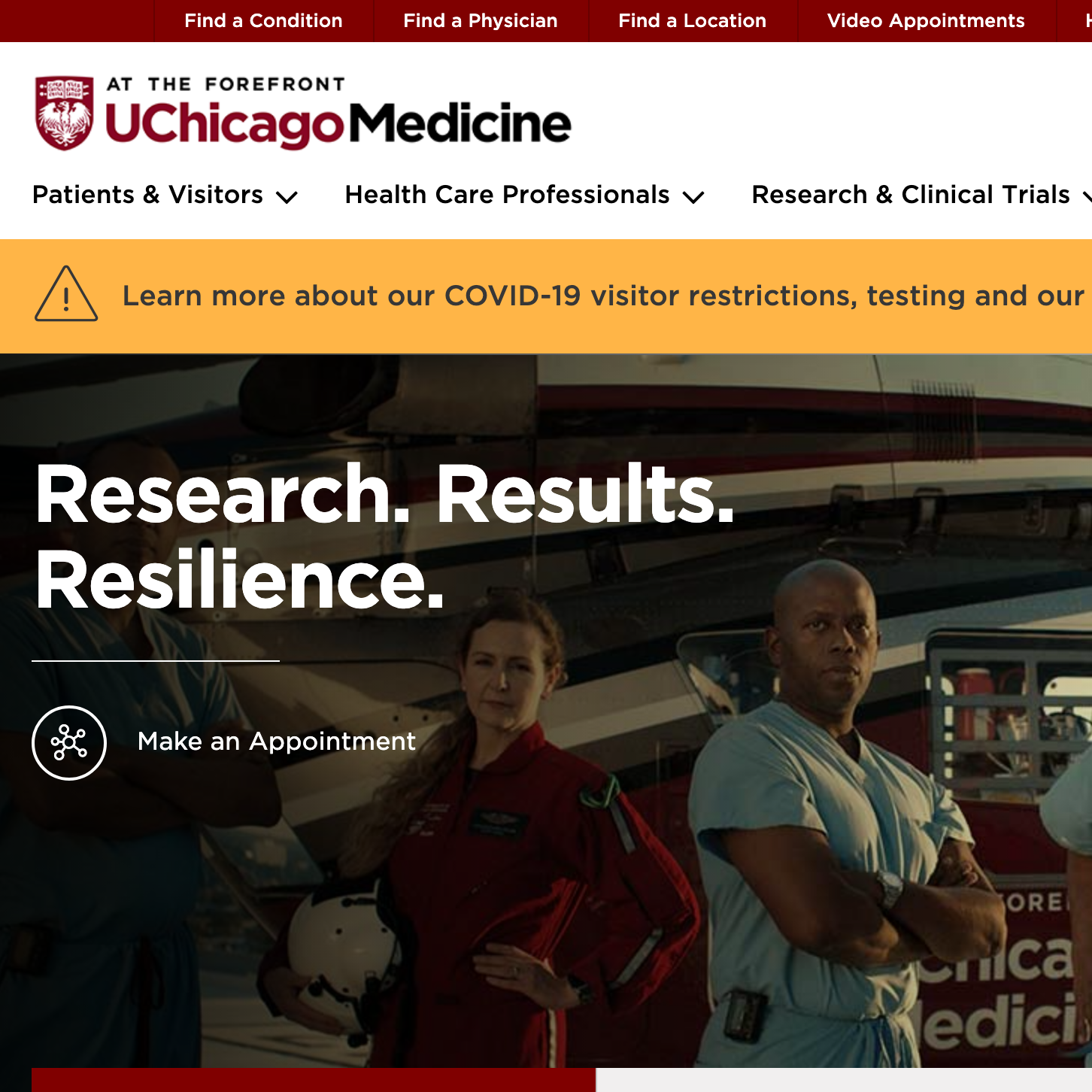 A screenshot of the University of Chicago Medicine homepage.